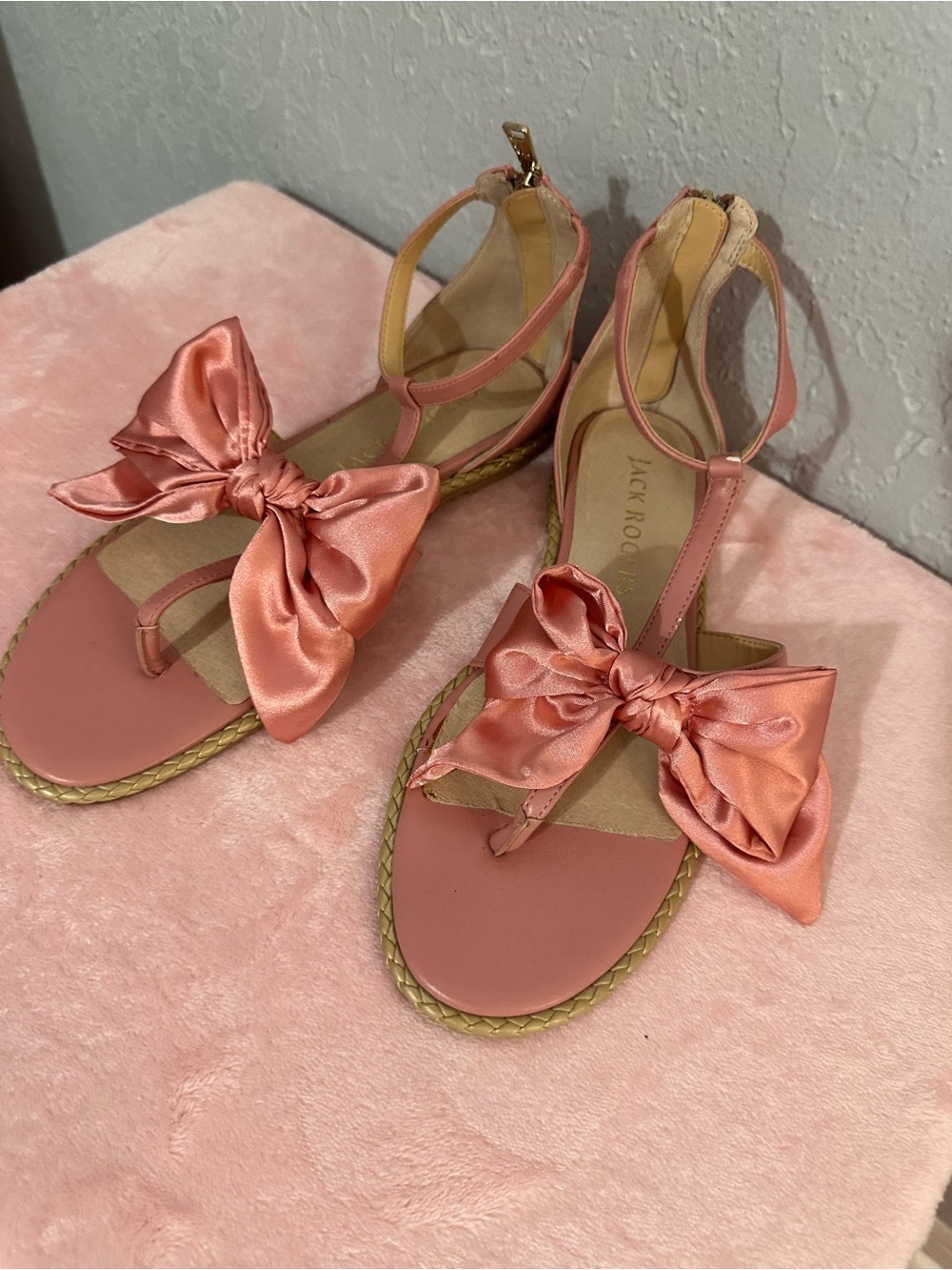 Jack Rogers Coral Pink Satin Bow T-Strap Sandals